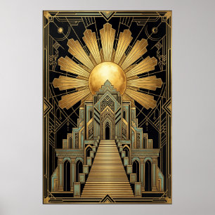 Art Deco Celestial Temple Poster   Gold Sunburst 