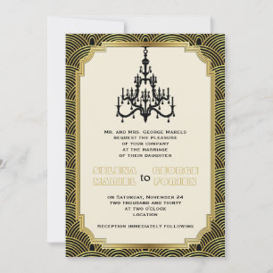Art Deco chandelier black, gold seigaiha wedding Invitation
