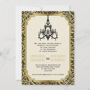 Art Deco chandelier black, gold wedding Invitation
