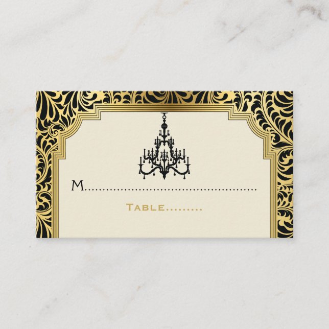 Art Deco chandelier black, gold wedding place card (Front)