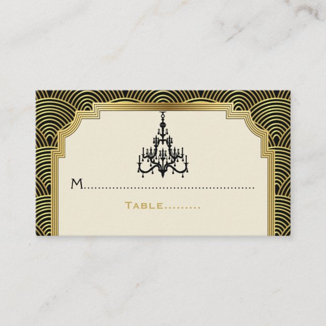 Art Deco chandelier black, gold wedding place card (Front)