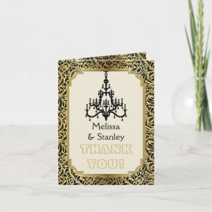 Art Deco chandelier black, gold wedding Thank You Card