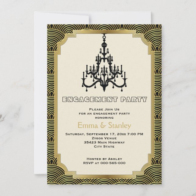 Art Deco chandelier gold wedding engagement party Invitation (Front)