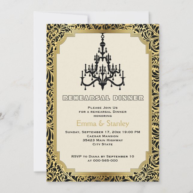 Art Deco chandelier gold wedding  rehearsal dinner Invitation (Front)