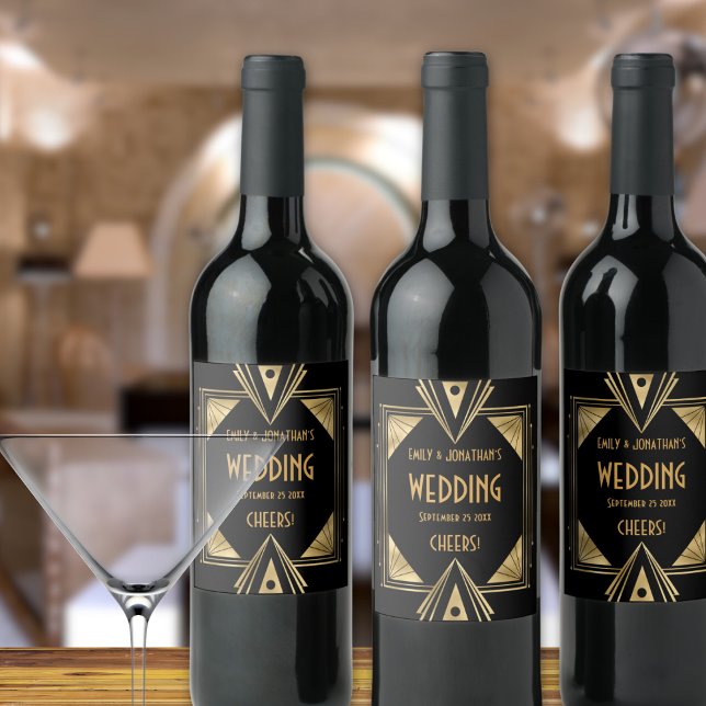 Art Deco Cheers Gold Black Wedding Wine Label (Creator Uploaded)