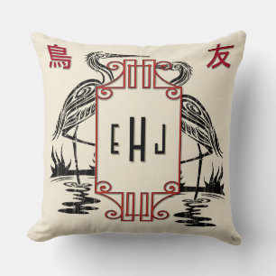 Art Deco Chinese Character Bird Friends Monograms Cushion