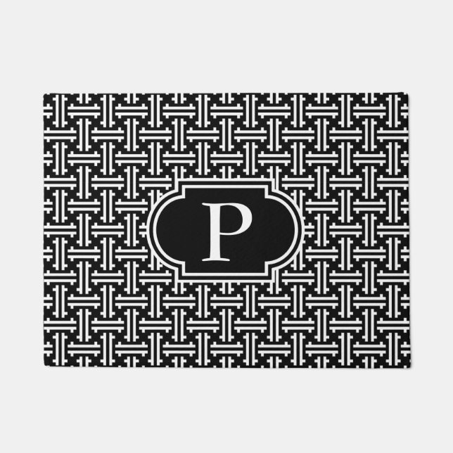 Art Deco Chinese Fret, Black and White Doormat (Front)