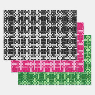 Art Deco Chinese Fret, Black & White, Pink, Green Wrapping Paper Sheet