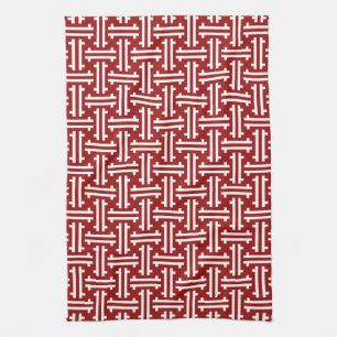 Art Deco Chinese Fret, Dark Red and White Tea Towel