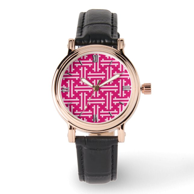 Art Deco Chinese Fret, Fuchsia Pink Watch (Front)