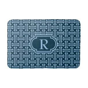 Art Deco Chinese Fret, Indigo and Sky Blue Bath Mat