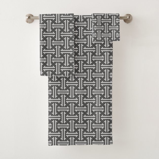 Art Deco Chinese Fret, Silver and Graphite Grey Bath Towel Set (Insitu)