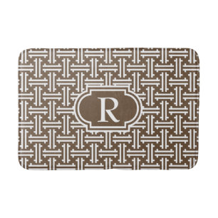 Art Deco Chinese Fret, Taupe Tan and White Bath Mat