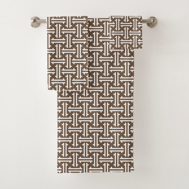 Art Deco Chinese Fret, Taupe Tan and White Bath Towel Set (Insitu)