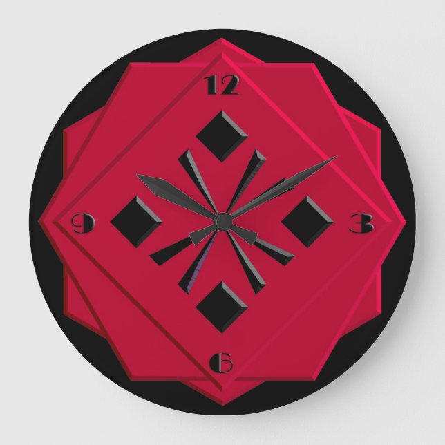 Art Deco Chinese red geometric pattern Large Clock (Front)