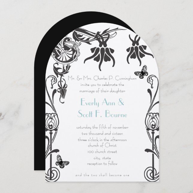 Art Deco Christian Flower Wedding Invitation (Front/Back)