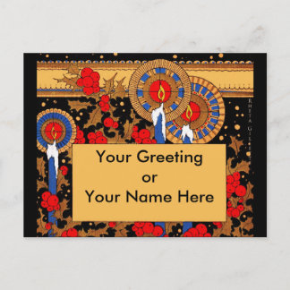 Art Deco Christmas Candles and Holly Holiday Postcard