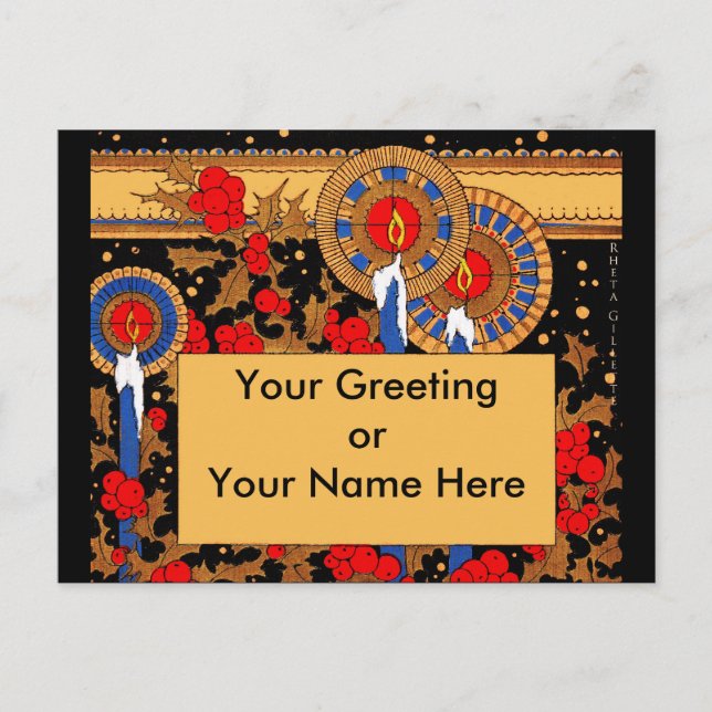 Art Deco Christmas Candles and Holly Holiday Postcard (Front)