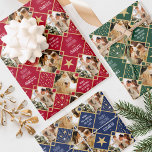 Art Deco Christmas Custom Photos Red Green Blue 3 Wrapping Paper Sheet<br><div class="desc">Add a touch of Art Deco style to the holiday season with this personalised Christmas wrapping paper! There are three different coloured sheets, each with a custom name and different photos. This festive pattern features geometric diamond shapes and stars in white and gold colour, on deep red, green and blue...</div>