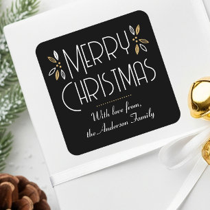 Art Deco Christmas Elegant Typography Black Gold Square Sticker