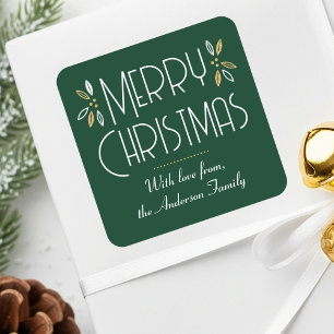 Art Deco Christmas Elegant Typography Green Gold Square Sticker