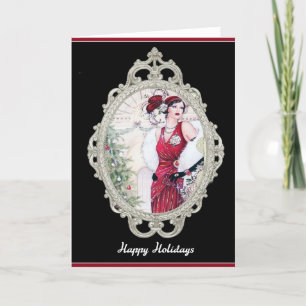 Art Deco Christmas Flapper Woman in Red Holiday Card