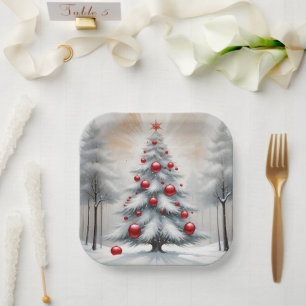 Art Deco Christmas Red Ornaments Winter Paper Plate