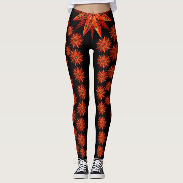 Art Deco Christmas Red Poinsettia on Black Leggings (Front)