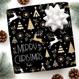Art Deco Christmas Reindeer Custom Name Black Gold Wrapping Paper