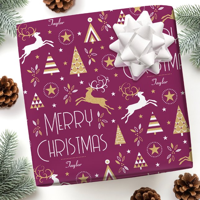 Art Deco Christmas Reindeer Custom Name Plum Gold Wrapping Paper (Creator Uploaded)