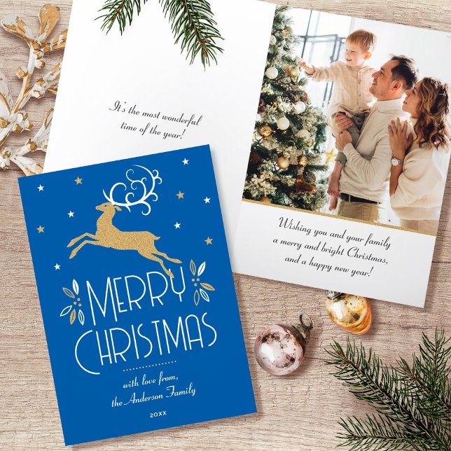 Art Deco Christmas Reindeer Photo Blue Gold Holiday Card (Creator Uploaded)