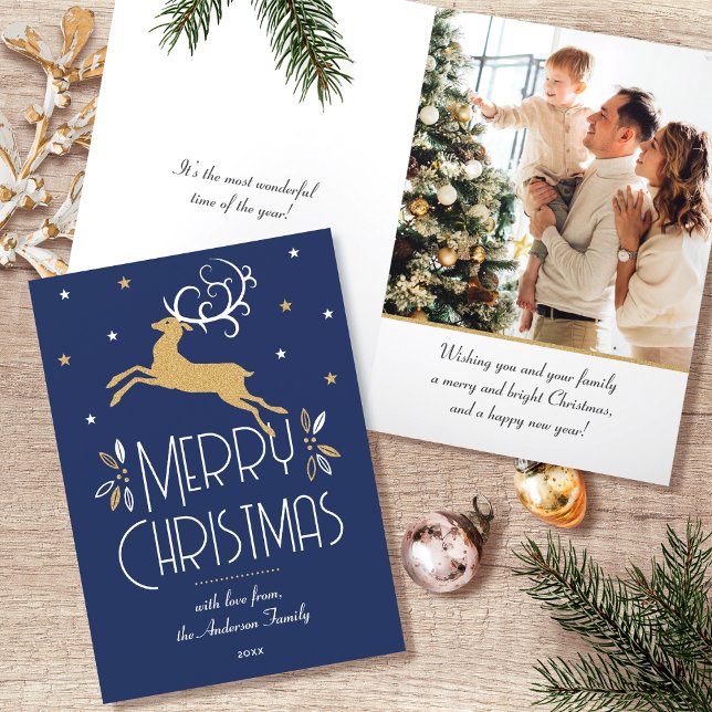 Art Deco Christmas Reindeer Photo Deep Blue Gold Holiday Card (Creator Uploaded)