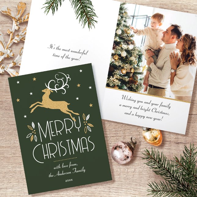 Art Deco Christmas Reindeer Photo Deep Green  Gold Holiday Card (Creator Uploaded)