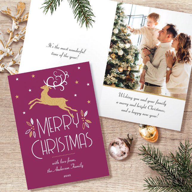 Art Deco Christmas Reindeer Photo Plum Gold Holiday Card (Creator Uploaded)