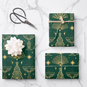 Art Deco Christmas Tree Martini Glasses Green Gold Wrapping Paper Sheet
