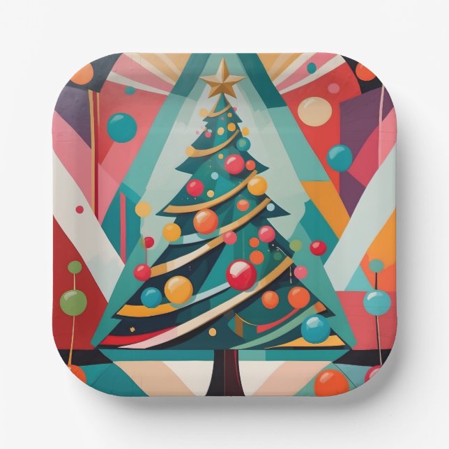 Art Deco Christmas Tree with Ornaments and Bubbles Paper Plate (Front)