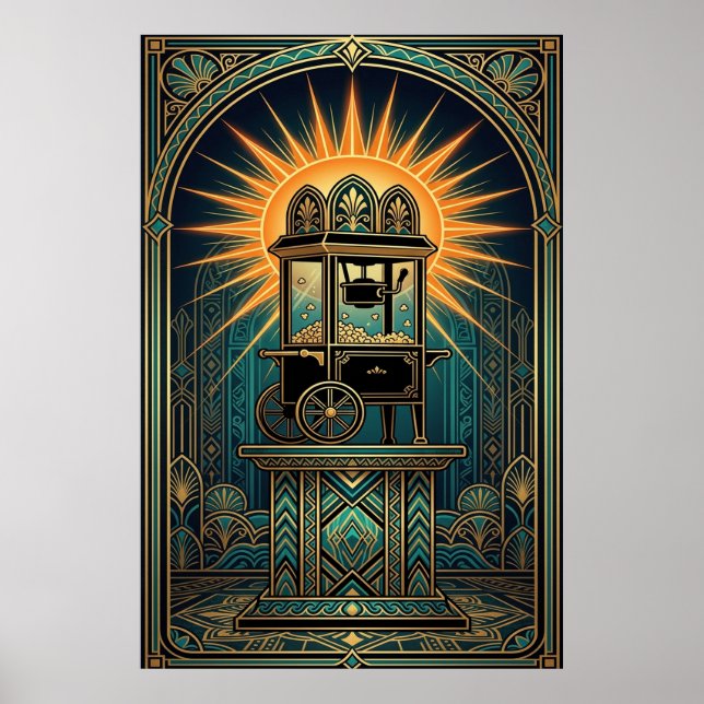 Art Deco Cinema Popcorn Machine Gold & Teal Poster (Front)