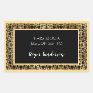 Art Deco Circles Black and Gold Foil Bookplate Rectangular Sticker