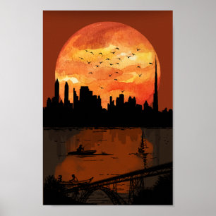 Art Deco City Skyline Sunset Geometric Gold & Bron Poster