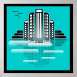 art deco cityscape poster<br><div class="desc">art deco cityscape poster. This strikingly iconic art deco poster of a modern city in blue, black and white, has the typical look and shapes of the art deco movement. Inspired by cars and architecture of the art deco era this stylish wall art will add a touch of art deco...</div>