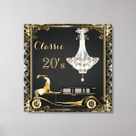 Art Deco Classic 20's Style Vintage Auto Canvas Print<br><div class="desc">Black  Gold and Silver Art Deco style - reminiscent of the Gatsby era features a roaring twenties flapper girl sitting on the hood of an upscale  black and gold Duesenberg automobile a crystal chandelier graces the  scene - classy. This would look great in a Vintage car showroom</div>