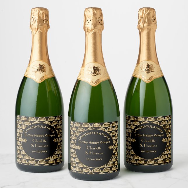 Art Deco Classy Black Gold Wedding Sparkling Wine Label (Bottles)