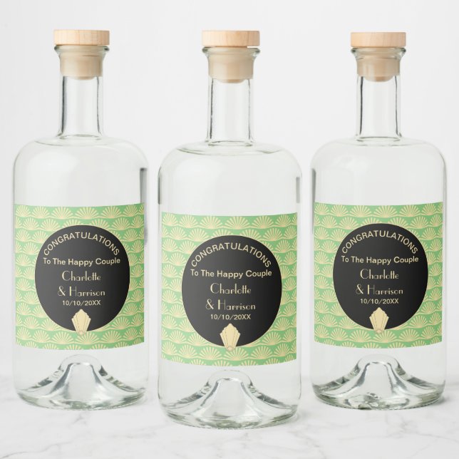 Art Deco Classy Green Black Gold Wedding Liquor Bottle Label (Bottles)