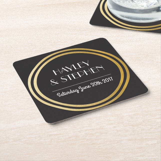 Art Deco Coasters Black Gold Circle Wedding Party (Angled)