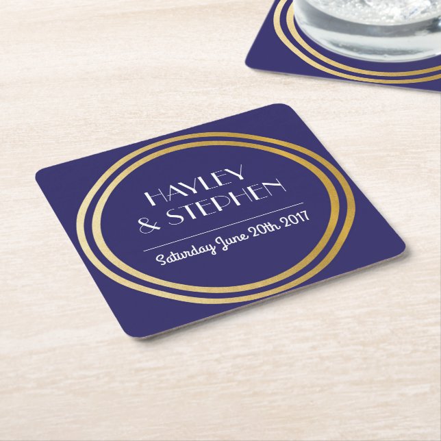 Art Deco Coasters Navy Gold Circle Wedding Party (Angled)