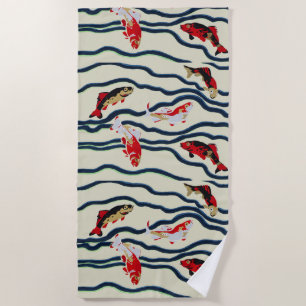 Art Deco Colourful Carp Swimming Navy Decor Beach Towel