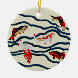 Art Deco Colourful Carp Swimming Navy Decor Ceramic Tree Decoration