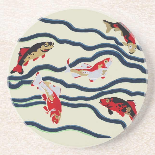 Art Deco Colourful Carp Swimming Navy Decor Coaster (Front)