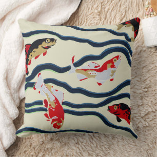 Art Deco Colourful Carp Swimming Navy Decor Cushion
