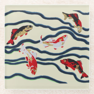 Art Deco Colourful Carp Swimming Navy Decor Glass Coaster